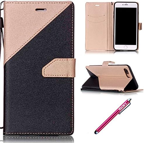iPhone 7 plus Leather Case,Hpory Luxury Scrub Black And Gold Pattern Book Style Flip Stand Support PU Leather Walllet Case with Credit Card Holder Soft Silicone Protector Bumber Case for iPhone 7 plus + 1 x Hpory Stylus