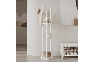 AQIMUELE Coat Stand, Woodem Coat Rack Stand with 3 Storage Shelves and 9 Hooks, Freestanding - Rotatable Coat Hanger Stand, Sturdy and Easy Assembly for Hallway, Bedroom (White)