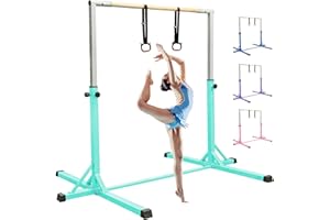 FBSPORT kids Gymnastics Bar Horizontal Bar with Gymnastic Rings,13 Height Adjustable Junior Training gym Bar Gymnastics Training Equipment for Indoor Outdoor