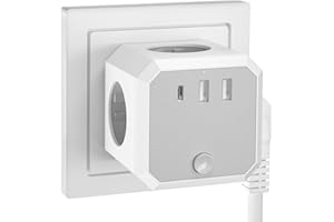 HITRENDS Kostka do gniazdka z USB, 7 w 1, wtyczka wielokrotna, bez kabla (maks. 250 V/16 A) z przełącznikiem, 4 gniazda, podwójna wtyczka do gniazdka z 2 USB i 1 typ C (5 V/3,4 A), szaro-biała