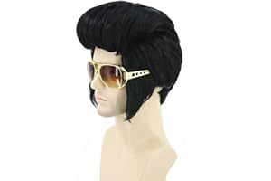 LeMarnia Herren Schwarz Disco Perücke für 50er Jahre Rock Style Cosplay Halloween Kostüm Party Perücke (ohne Brille)