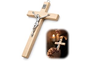 NYVOR Kristet kors, bärbart kors, 7 x 12,5 cm, med hängande hål, Jesus korsreliefmönster, trä, gåva till entusiaster, religion, kristet kors, dekoration (naturligt trä)