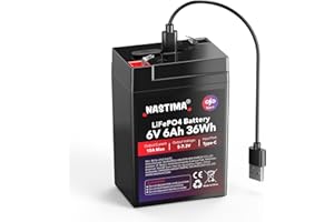 NASTIMA Batterie Rechargeable 6V 6Ah LiFePO4 avec Protection BMS et Cycle Profond 2000, Chargement Type-C, adaptée aux Kits de Éclairage Électrique de Secours, Voitures Jouets pour Enfants, Camping