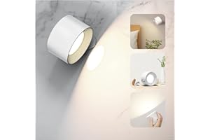 Coollamp Lámpara de pared LED, Apliques Pared Interior con Batería recargable 3 modos de color Regulable Rotación de 360 grados Control táctil, Aplique a pilas para leer junto a la cama Blanco