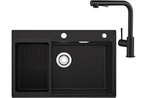 Sofetiy Granitspüle Schwarz 70x45 cm mit Mischbatterie Ausziehbrause Set, Küchenspüle Rechteckig für 70 cm Unterschrank, Spülbecken Küche mit Ablaufgarnitur