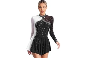 CHICTRY Eiskunstlauf Kleid Damen Langarm Strass Glitzer Ballettkleid Stehkragen Tanzbody Farbblock Patchwork Trikot Mit Wickelrock Dancewear