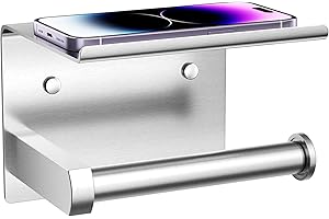 Tindbea Toilet Paper Holder with Phone Shelf, Adhesive or Screw Wall Mount Toilet Tissue Roll Holder, Rustproof & Multifunctional Stainless Steel Bathroom Storage Dispenser (Brushed Nickel)