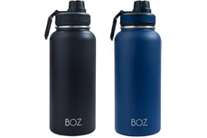 BOZ Botella Agua Acero Inoxidable de 1l, Botella Térmica con Aislamiento Doble Pared, Termo Agua Fría y Caliente de Boca Ancha Sin BPA, Botella Isotérmica Antiderrame Color Azul y Negro