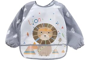 Zuofan Baby Lätzchen mit Lange Ärmeln,Babylätzchen Ärmellätzchen mit Tasche,Kinder Lätzchen Unisex Lätzchen Baby Bibs für Essen Kunst Handwerk Malerei Spielen für 0-36 Monaten, Löwe