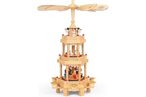 DEUBA Spielwerk German Christmas Pyramid Windmill Decoration | Candle Holder | Classic 3-Storey Rotating Design | Handcrafted Real Wood | Hand Painted Wooden Pieces | Elegant Brown Natural Finish