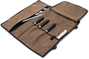 HERSENT Chef's Knife Roll, 5 Pockets Knife Bag,Waxed Canvas Roll Up Culinary Bag,Professional Cutlery Storage Case, Portable Knife Tool Roll Bag, Multi-Purpose Knife Cover for Cooking, Camping (Coffee)