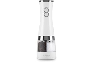 Tower T847004W Electric Duo Salt and Pepper Mills, Battery Operated with Adjustable Ceramic Grinders, Black and White