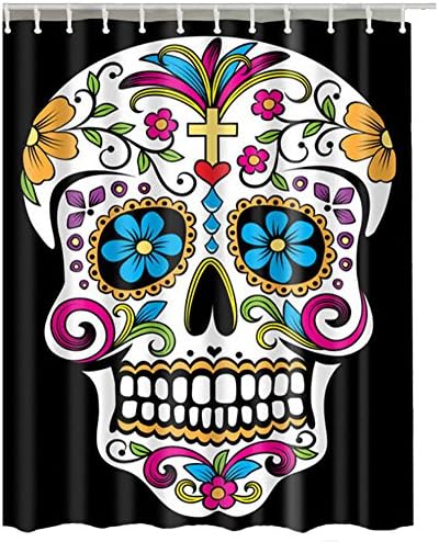 Flowers White Skull Black Bath Curtains Waterproof Polyester Shower Curtain 180cm X 200cm