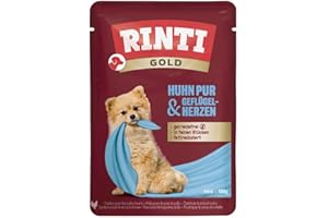 RINTI - Gold | Leicht verdauliches Nassfutter für kleine, ausgewachsene Hunde. Alleinfutter im Frischebeutel ohne Formfleisch, Soja oder künstliche Zusätze | 10x100g Huhn Pur + Geflügelherzen