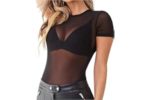 Allchic Damen-Top kurzärmliges Oberteil aus durchsichtigem Netzstoff, sexy und durchsichtig, Clubwear