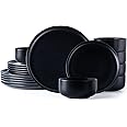 LeRatio Dinner Set for 6, 18 Piece Stoneware Plates and Bowls Set, Chip and Scratch Resistant Reactive Glaze Dinnerware Set, Oven & Dishwasher & Microwave Safe Crockery Set (Black, Service for 6)