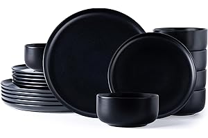LeRatio Dinner Set for 6, 18 Piece Stoneware Plates and Bowls Set, Chip and Scratch Resistant Reactive Glaze Dinnerware Set, Oven & Dishwasher & Microwave Safe Crockery Set (Black, Service for 6)