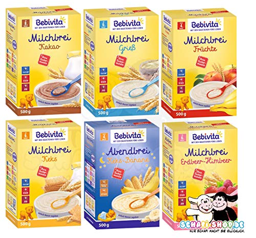 Bebivita Brei Mix 6: Milchbreie Grieß, Frucht, Keks, Kakao, Erdbeer-Himb u Keks-Banane je 500g