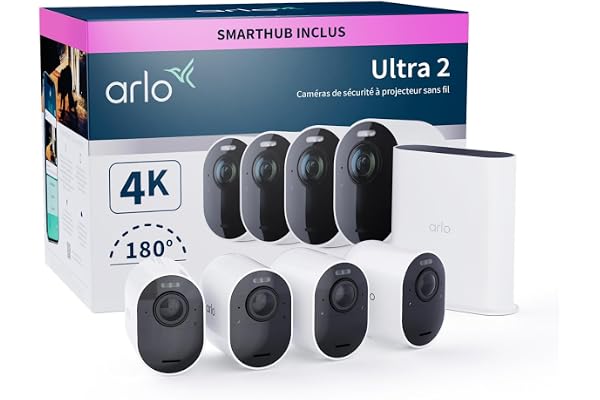 Arlo Ultra 2 4K avec Smarthub, Camera video surveillance WiFi exterieure sans fil, Vision nocturne couleur, Detecteur de mouvement, Compatible Alexa, Essai Arlo Secure inclus, 4 Caméras blanc