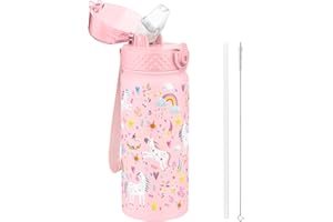 GOPPUS 550ml/18oz Kids Insulated Water Bottle with Straw Cute Double Wall Stainless Steel Child's Small Flask Vacuum Insulated Steel Metal Leak Proof Drink Flask Boys Toddler Girls Flask BPA-Free