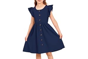 Arshiner Girls Dresses Ruffle Sleeves Kids Summer Cotton Party Dress Button A-Line Midi Crew Neck Casual Dress for Girls 4-14 Years
