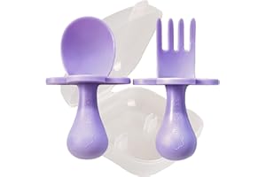 Grabease Baby and Toddler Self-Feeding Utensils – Spoon and Fork Set for Baby-Led Weaning – Made of Non-Toxic Plastic – Featuring Protective Barriers to Prevent Choking and Gagging