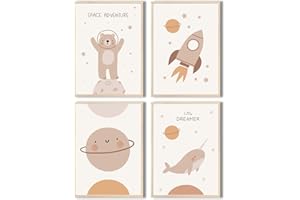 MeinBaby123 Poster Kinderzimmer | 4er Set DIN A4 | Wandbilder | Kinderzimmer Poster | Deko Bilder Kinderzimmer | Astronauten | Babyzimmer Deko (V5 Süße Tiere - Astronauten)