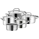 WMF Gourmet Plus 9-Piece Cookware Set, Stainless Steel Suitable for Induction, 1 Low Saucepan 20 cm, 3 Saucepans 16 cm, 20 cm