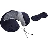 Amazon Basics Premium Travel Neck Pillow + Sleeping Eye Mask Combo with Portable Bag| Ergonomic | Orthopedic Support | Super Soft Fabric | Ideal for F