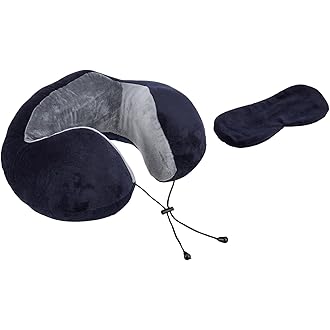 Amazon Basics Premium Travel Neck Pillow + Sleeping Eye Mask Combo with Portable Bag| Ergonomic | Orthopedic Support | Super Soft Fabric | Ideal for Flight, Car & Travel Comfort (Navy Blue & Gray)