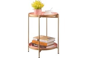HollyHOME Mesa Auxiliar Redonda Mesa de Café & Té, Bandeja de Metal de 2 Niveles, Mesita de Noche Mesita de Sofá para Sala de Estar Dormitorio Balcón Patio, Dorado & Rosa