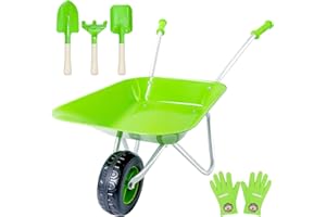YUETOGUO Wheelbarrow Set Children, Childrens Metal Wheelbarrow Kids Gardening Set with Shovel, Rake, for Outdoor, Educational, Farm, Gardening Toy, Play, Game(GREEN)