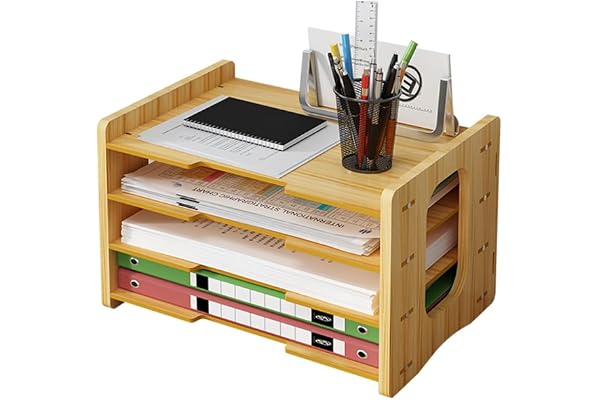 Organiseur de Bureau en Bois, Bac à Courrier A4, Porte-Documents pour Fournitures à Domicile (JS05, Bois de Cerisier)