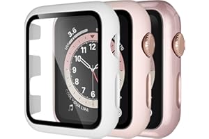 Dirrelo 3 Pack PC Case Compatible with Apple Watch 38mm Series 3/2/1 Tempered Glass Screen Protector, Full Cover All-Around HD Protective Bumper Case for iwatch 3/2/1, White/Pink/Rose gold