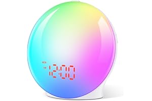 Bawoo Tageslichtwecker Lichtwecker, Sonnenaufgang Sonnenuntergang Wecker Wake up Light mit 7 Natürlichen Töne 8 Farblicht 20 Helligkeit, Schlummerfunktion Radio FM für Erwachsene & Kinder