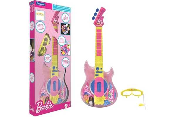 Lexibook, Barbie, Guitare électronique avec Micro et Lunettes pour Chanter avec Style, 2 Modes de Jeu, Mélodies de démonstration, Effets Lumineux, Rose/Jaune, K260BB