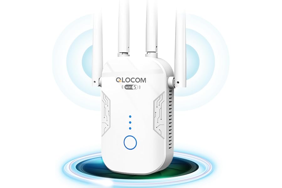QLOCOM 2025 Newest WiFi Booster Range Extender 1200Mbps WiFi Extender Booster Dual Band 5GHz & 2.4GHz Wireless Internet Booster/Hotspot with Wider Coverage, Broadband Extender, UK Plug