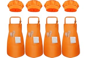 PTJJXA 4 Sets Children Chef Hat and Apron Age 3-12, Adjustable Boy Girl Apron and Elastic Cooking Hat, Child Painting Aprons with 2 Pockets, Toddler Chef Hat Apron Set for Crafting Baking Kitchen