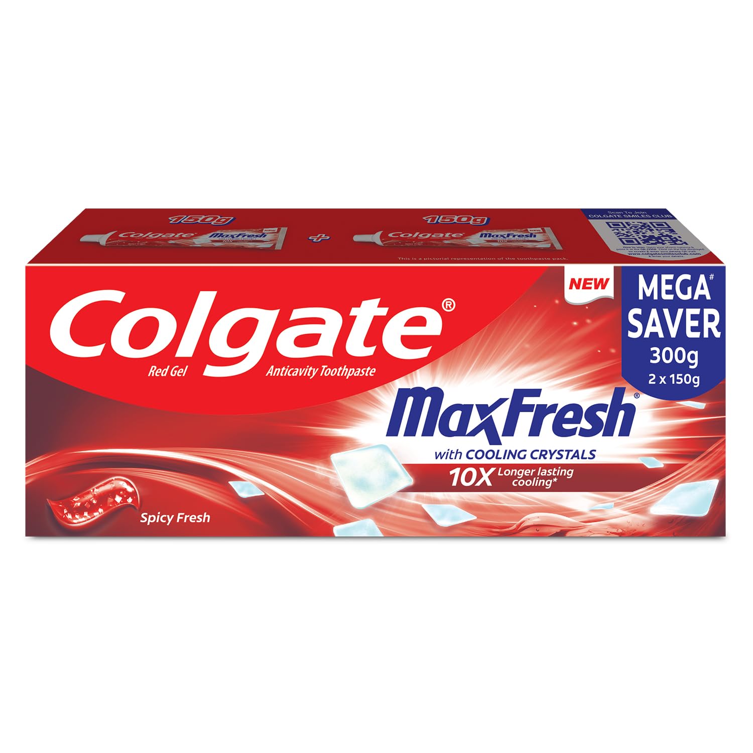 Colgate MaxFresh Toothpaste, Red Gel Paste with Menthol for Super Fresh Breath, 300g, 150g X 2 (Spicy Fresh) (Combo Pack)