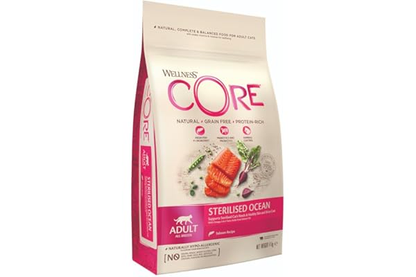WELLNESS CORE Océan Stérilisé 4 kg, Saumon – Croquettes pour Chats Stérilisés, sans Céréales, Naturelles, Hypoallergénique, Riche en protéines, À Haute Teneur en Poisson, Peau Saine & Pelage Brillant