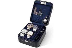 KAMIER Etui na zegarek z zamkiem szyfrowym, 4 przechowywanie zegarków i organizer na biżuterię, etui podróżne do przechowywania pierścionków i zegarków, etui podróżne ze skóry PU, idealne na prezent