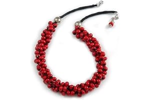 Avalaya Red Cluster Wood Bead Black Cotton Cord Necklace - 52cm L/ 4cm Ext