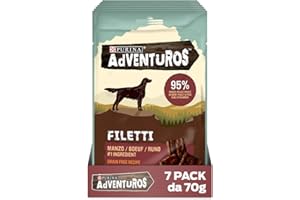 PURINA CAT CHOW PURINA ADVENTUROS Snack per Cani Adulti High Meat Filetti Ricco in Manzo 7 Confezioni da 70g