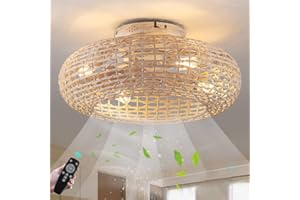 KZT Ventilador Techo con Luz y Mando a Distancia app silencioso Vintage E27 Lámpara De Techo Bambú Natural Y Ratán Retro Plafon De Techo Para Sala De Estar Dormitorio restaurante Comedor Iluminación