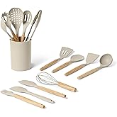 Amazon Basics Silicone Kitchen Utensil Set with Wooden Handle, 14 Piece Set, BPA Free, Includes Utensil Holder, Linen Grey