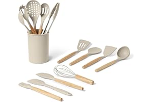 Amazon Basics Silikon-Kochutensilien-Set mit Holzgriff, 14-Teiliges Set, BPA-frei, inklusive Utensilienhalter, Leinengrau
