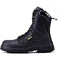 SAFEYEAR S3 Military Mens Work Boots,Black Heavy Duty Combat Army Safety Boots, 4E Wide Fit Steel Toe Cap, Waterproof Genuine Leather, Lace Up Site Tactical Police Security,High Ankle Zip Side
