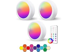 HIDURE Spot RGB Led a Pile Sans Fil Autocollant, 3 Pièces Dimmable Lampe Placard Led avec Telecommande Eclairage Etagere Couleur Petite Lumiere Vitrine Applique Murale a Pile Led Cuisine Sous Meuble Sans Fil