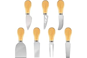 LEEWYOU 7Pcs Cuchillos de Queso,Slicer Cutter de mantequilla,Juego de cuchillos de queso de acero inoxidable para queso Multipropósito Acero Inoxidable Juego de Mango de Madera Cortador de cortadora