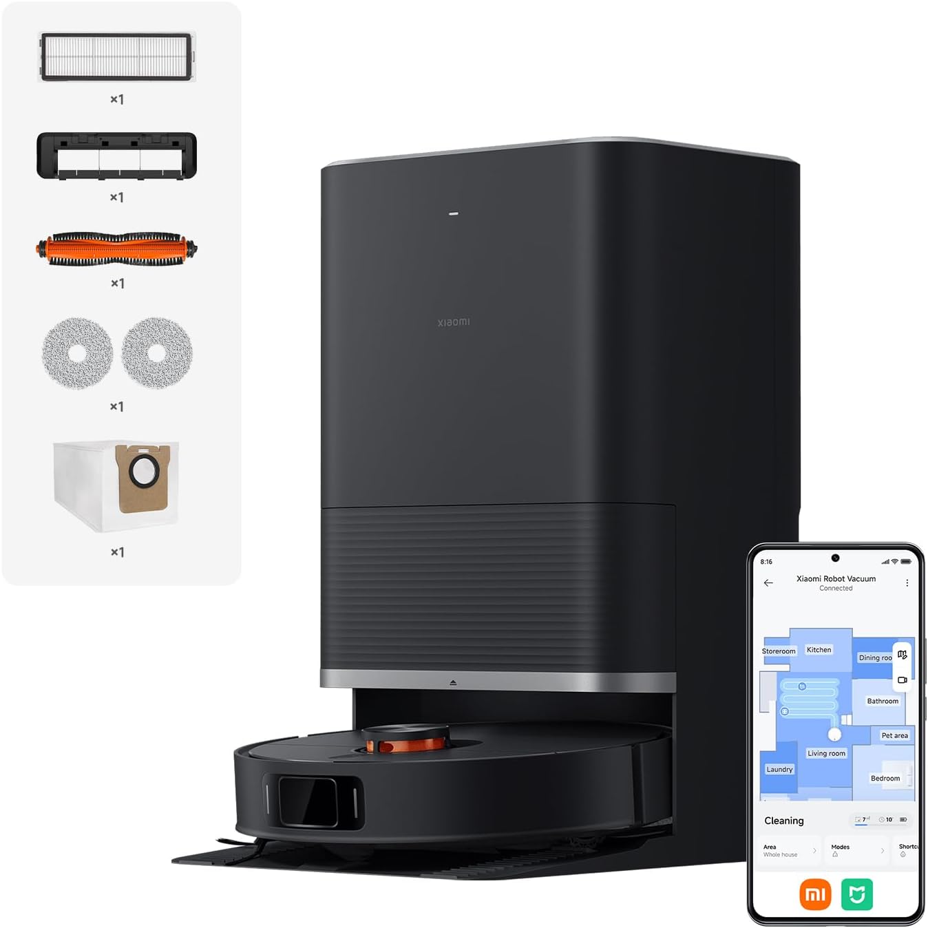 XIAOMI Robot Vacuum X20 MAX con estación Todo en uno: Vaciado automático, Lavado a Alta Temperatura y Secado rápido. 8000Pa, Brazo Extensible, Cepillo Anti-enredos, navegación LDS y Control por App.